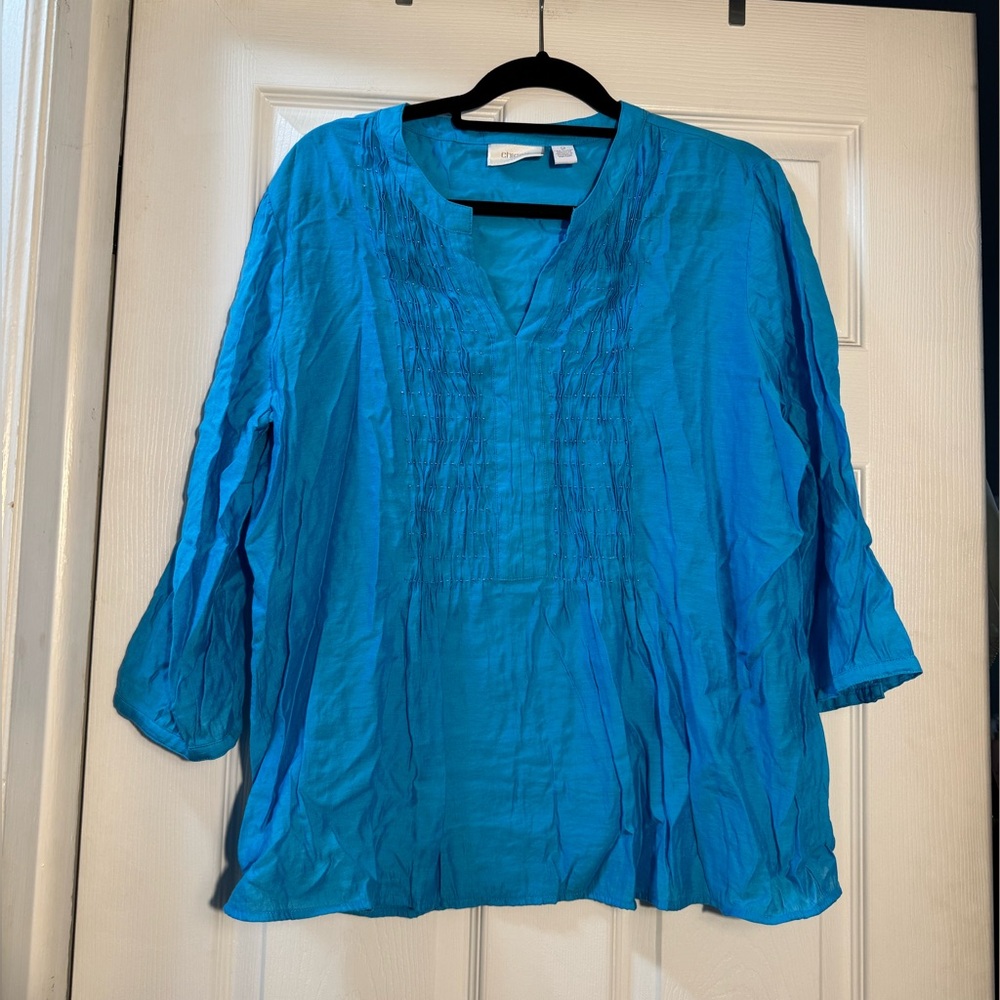 Chico’s Blue Beaded Crinkle Tunic Blouse Travel Top Size 2 Large